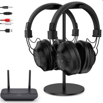 ROSIDA Dual Wireless Headphones for TV Watching with Transmitter, Headset Stand, TV Headphones for Seniors, 295FT Range with Optical, AUX, RCA,USB, High Volume Control, Long Playtime, No Delay, Black